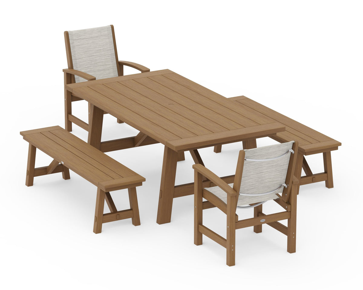 POLYWOOD Coastal 5-Piece Rustic Farmhouse Dining Set With Benches in Natural / Birch