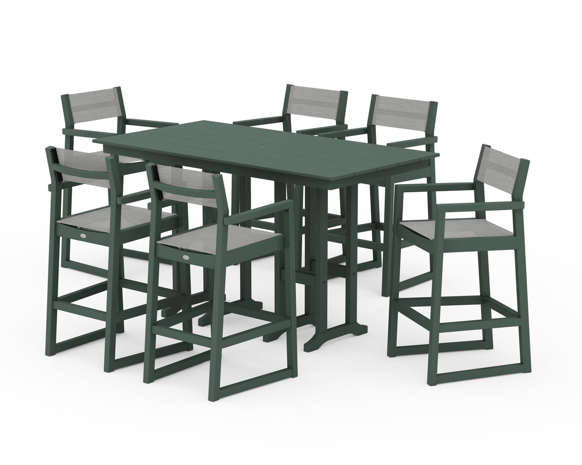 POLYWOOD EDGE Sling Arm Chair 7-Piece Farmhouse Bar Set in Green / Metallic
