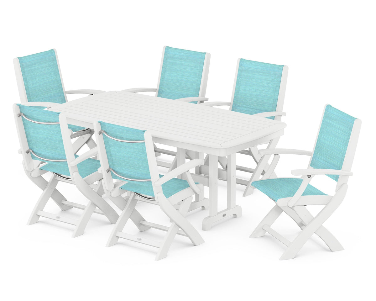 POLYWOOD Coastal Folding Arm Chair 7-Piece Dining Set in White / Dupioni Aquamarine