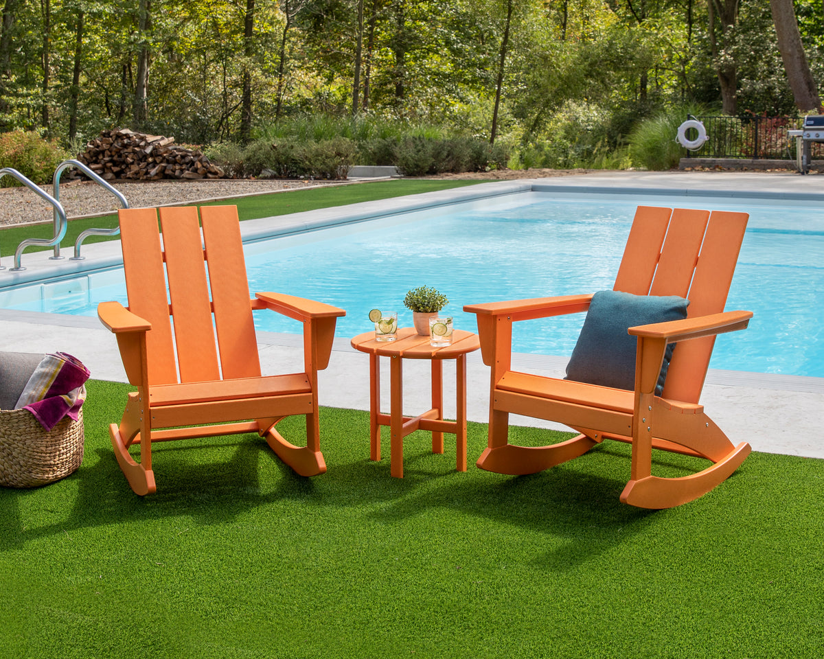 POLYWOOD Modern 3-Piece Adirondack Rocking Chair Set in an outdoor setting