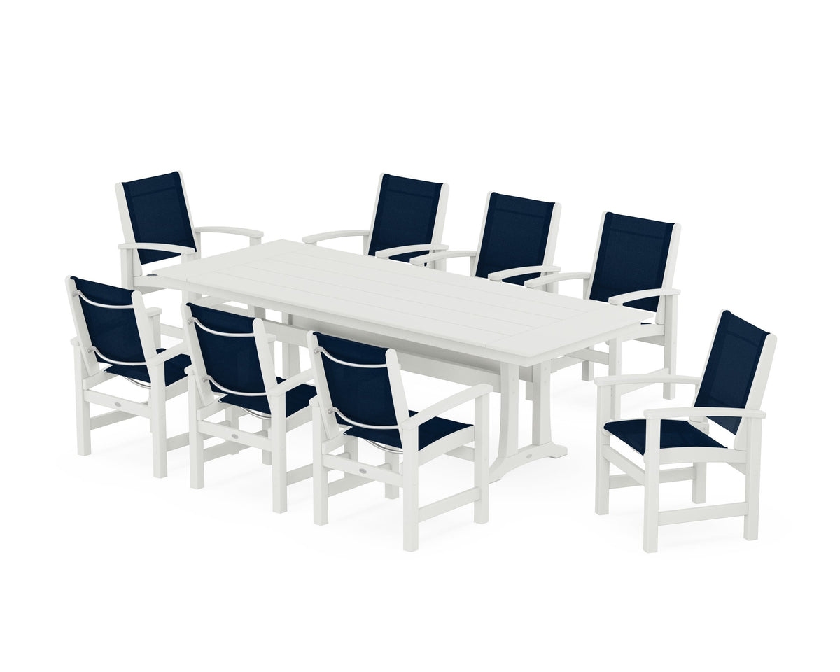 POLYWOOD Coastal 9-Piece Farmhouse Dining Set with Trestle Legs in Vintage White / Navy Blue