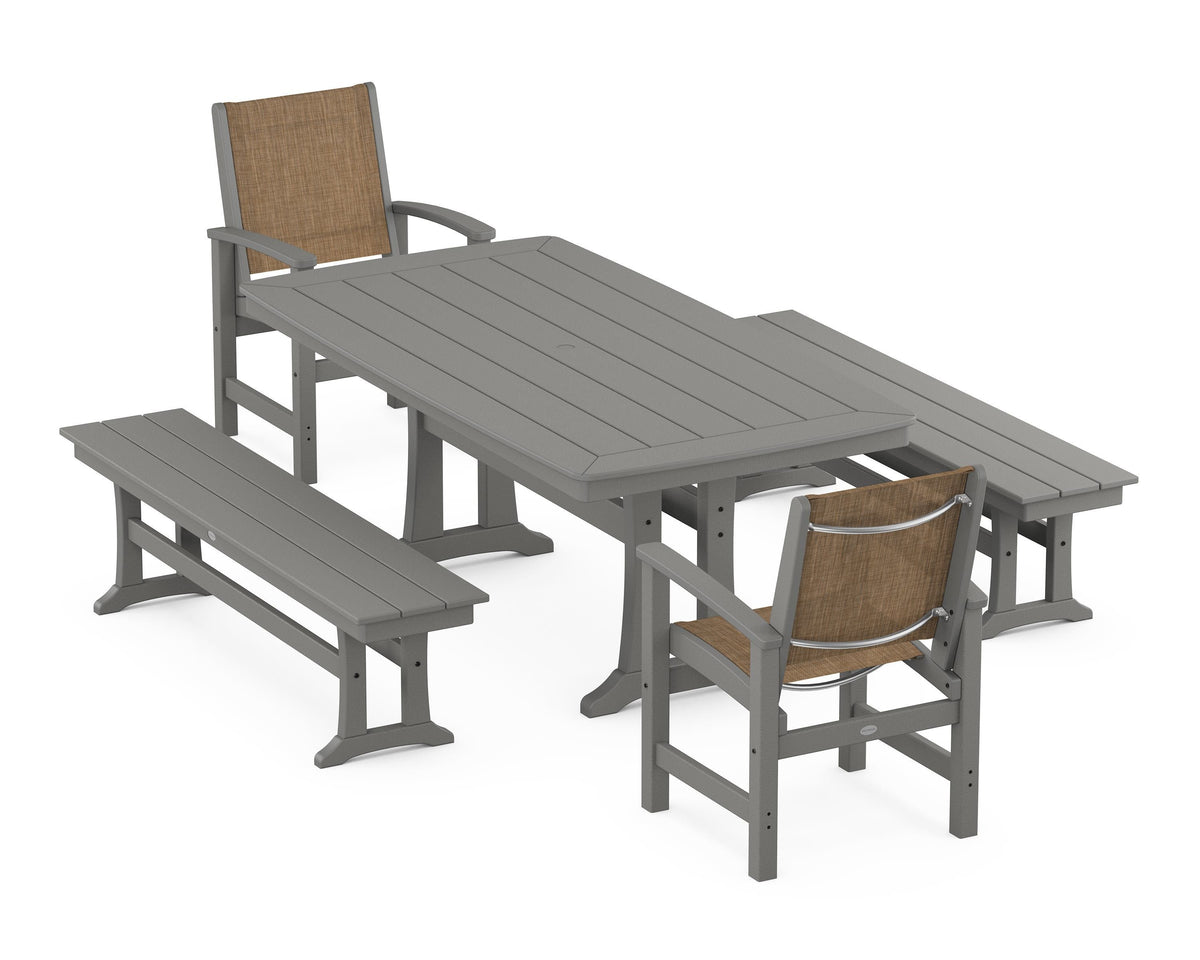 POLYWOOD Coastal 5-Piece Dining Set with Trestle Legs and Benches in Slate Grey / Burlap