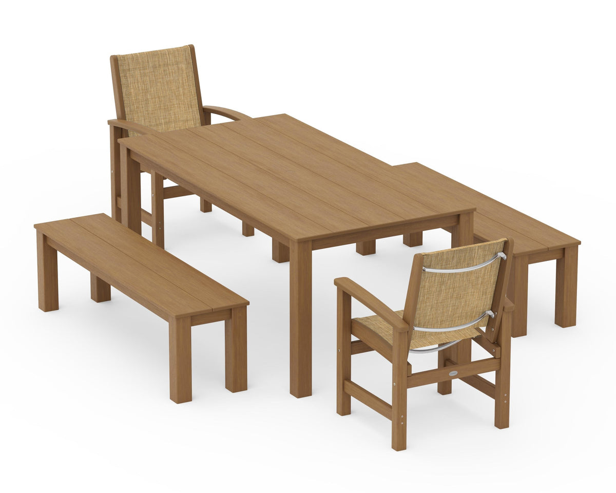 POLYWOOD Coastal 5-Piece Parsons Dining Set with Benches in Natural / Burlap