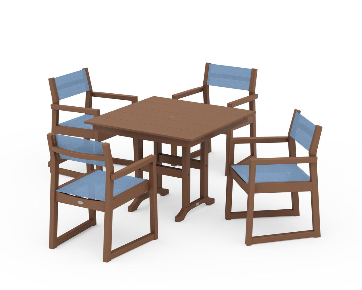 POLYWOOD EDGE Sling Arm Chair 5-Piece Farmhouse Dining Set in Teak / Poolside