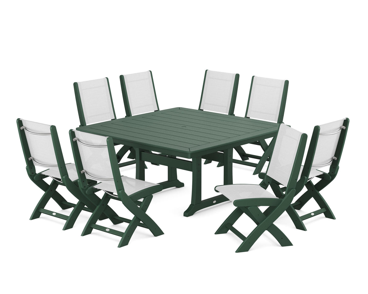 POLYWOOD Coastal Folding Side Chair 9-Piece Dining Set with Trestle Legs in Green / White