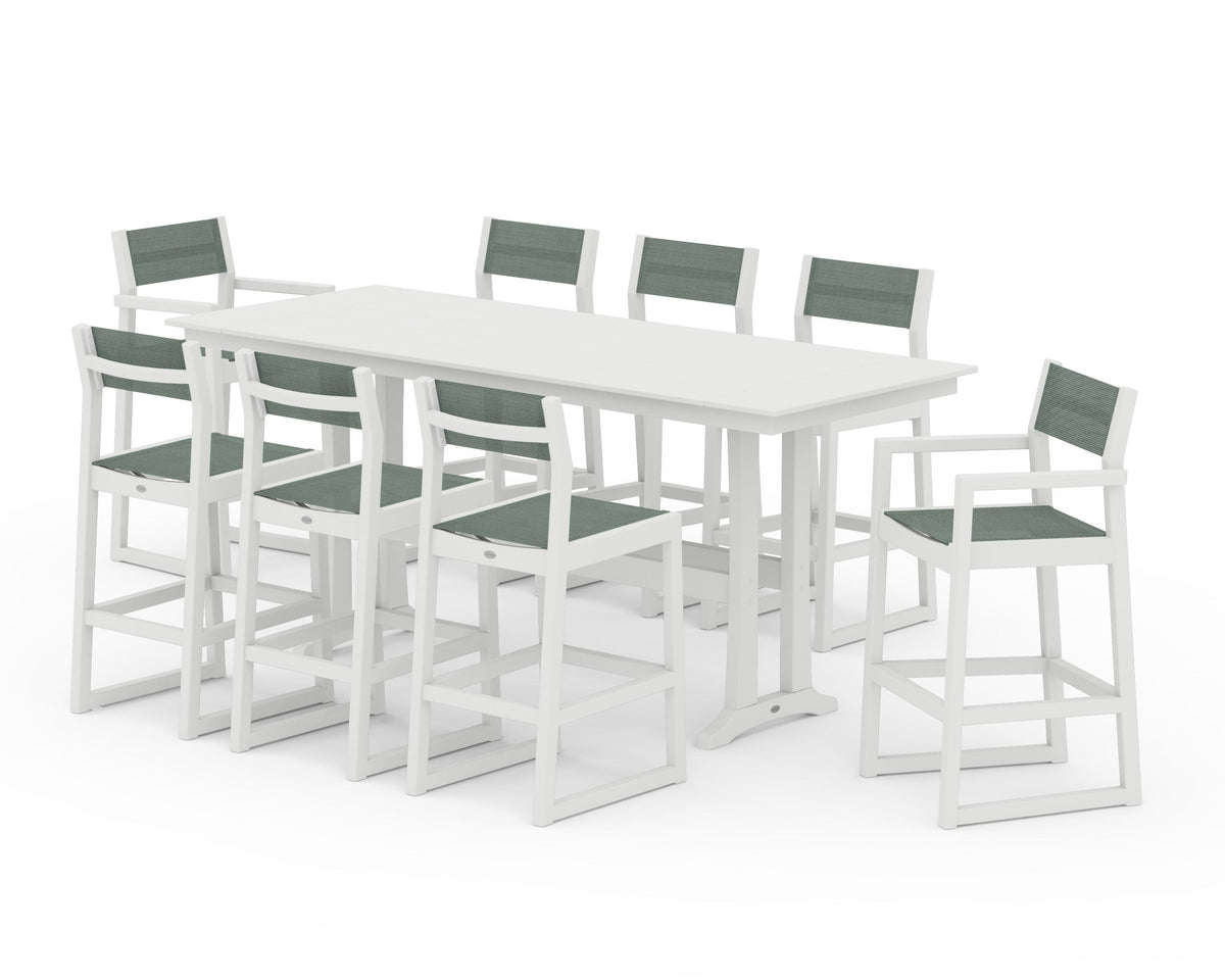 POLYWOOD EDGE Sling 9-Piece Farmhouse Bar Set with Trestle Legs in Vintage White / Dupioni Sea Mist