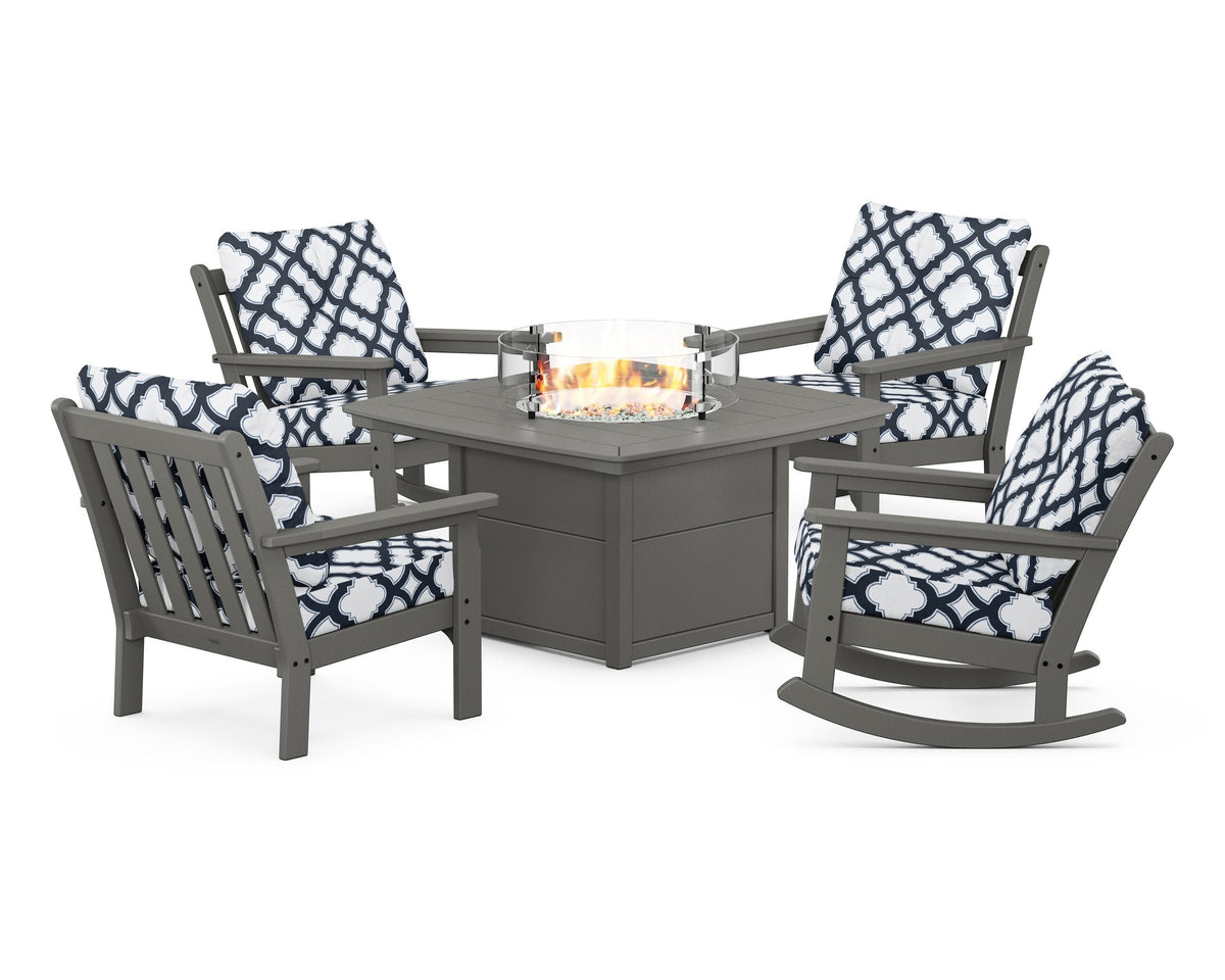 POLYWOOD Vineyard 5-Piece Deep Seating Rocking Chair Conversation Set with Fire Pit Table in Slate Grey / Trellis Marine Indigo