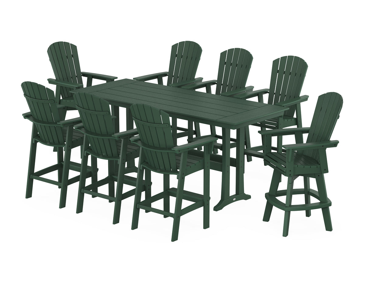 POLYWOOD Nautical Curveback Adirondack Swivel Chair 9-Piece Farmhouse Bar Set with Trestle Legs in Green