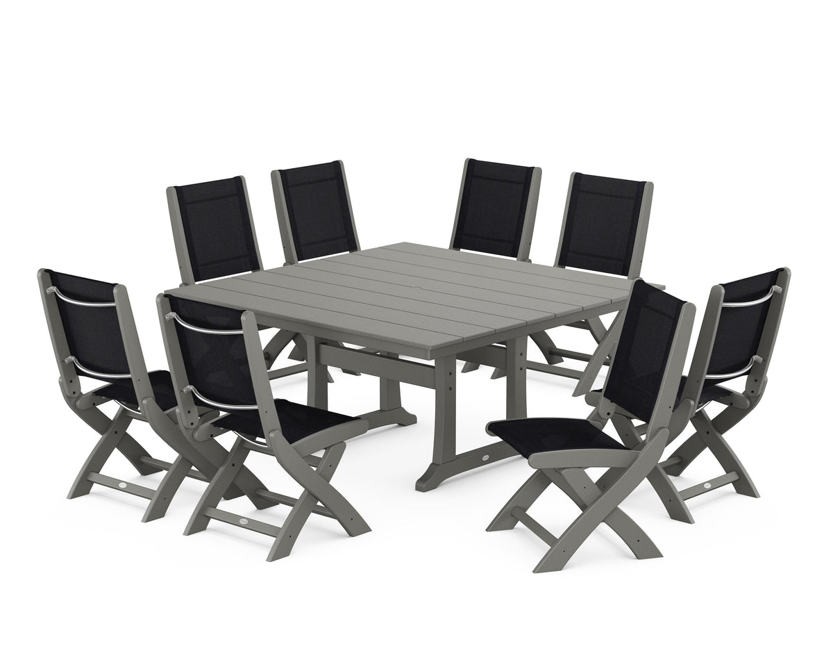 POLYWOOD Coastal Folding Side Chair 9-Piece Farmhouse Dining Set in Slate Grey / Black