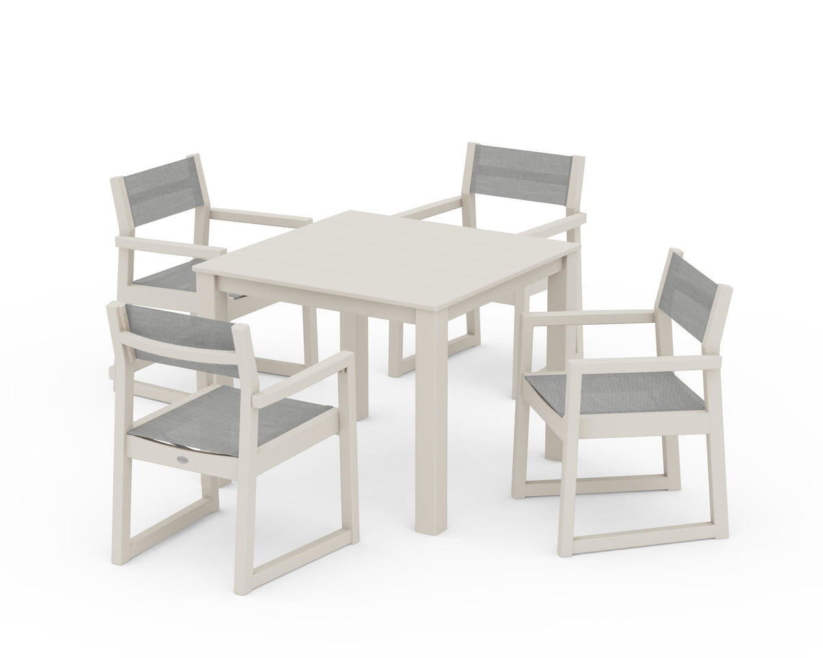 POLYWOOD EDGE Sling Arm Chair 5-Piece Parsons Dining Set in Sand / Metallic
