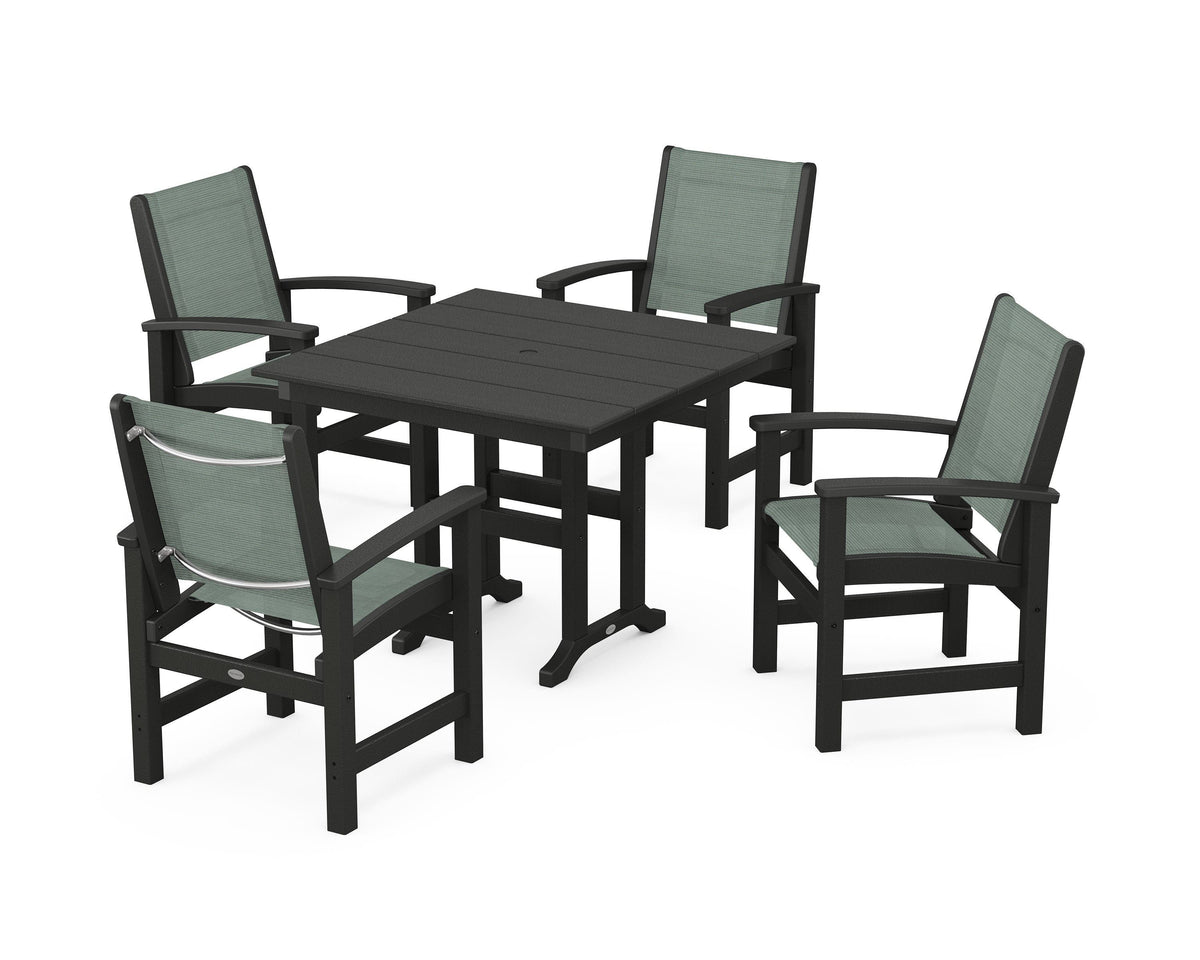 POLYWOOD Coastal 5-Piece Farmhouse Dining Set with Farmhouse 37" Dining Table in Black / Dupioni Sea Mist