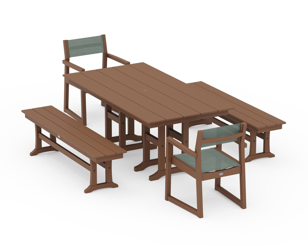 POLYWOOD EDGE Sling Arm Chair 5-Piece Farmhouse Dining Set with Benches in Teak / Dupioni Sea Mist