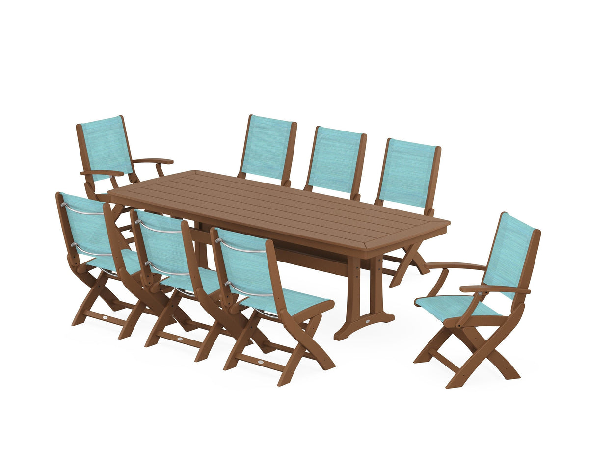 POLYWOOD Coastal Folding 9-Piece Dining Set with Trestle Legs in Teak / Dupioni Aquamarine
