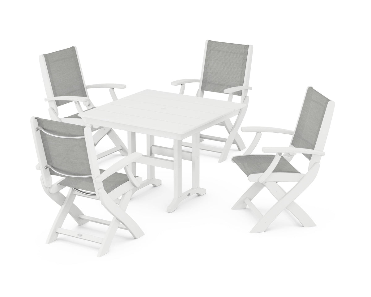 POLYWOOD Coastal Folding Chair 5-Piece Farmhouse Dining Set in White / Metallic