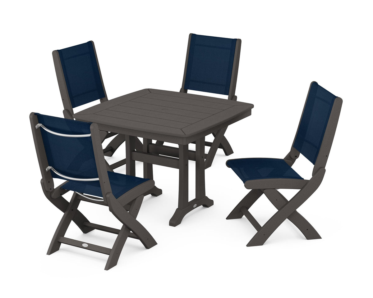 POLYWOOD Coastal Folding Side Chair 5-Piece Dining Set with Trestle Legs in Vintage Coffee / Navy Blue