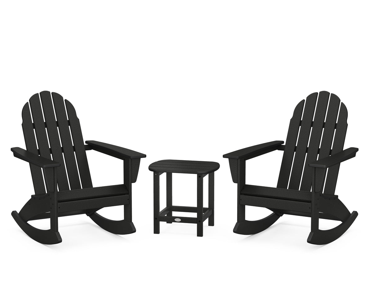POLYWOOD Vineyard 3-Piece Adirondack Rocking Chair Set with South Beach 18" Side Table in Black