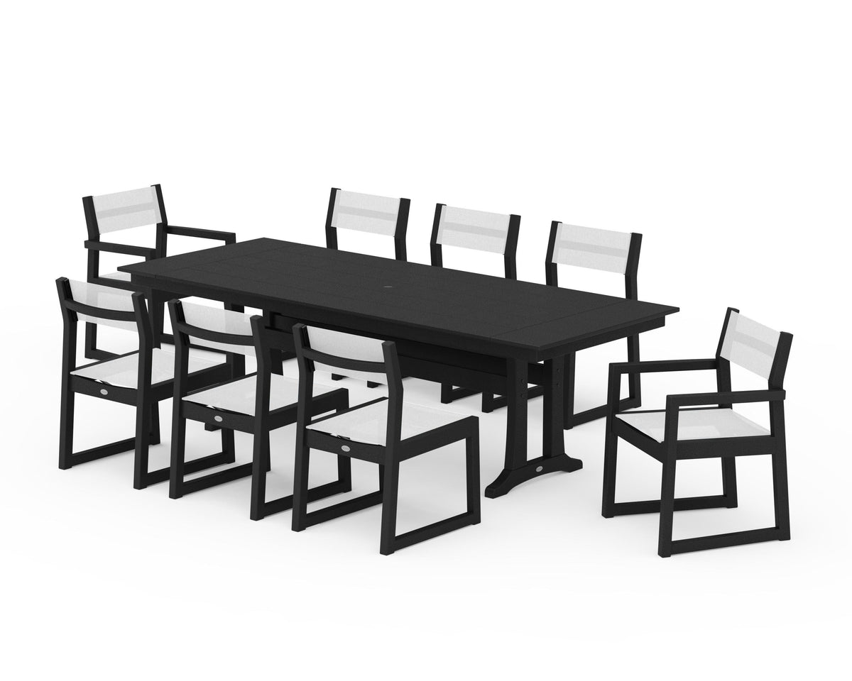 POLYWOOD EDGE Sling 9-Piece Farmhouse Trestle Dining Set in Black / White