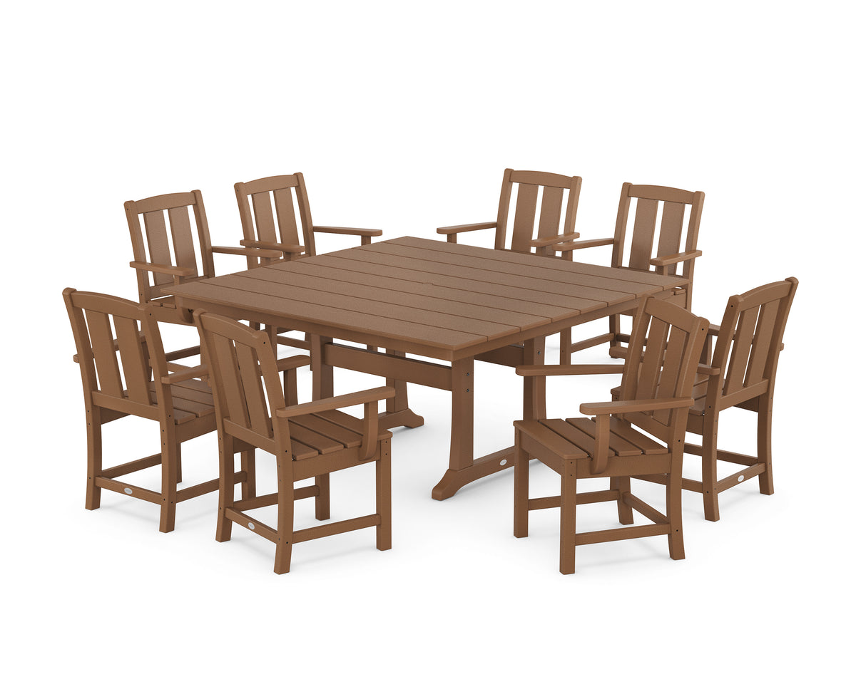 POLYWOOD Mission 9-Piece Square Farmhouse Dining Set with Trestle Legs in Teak