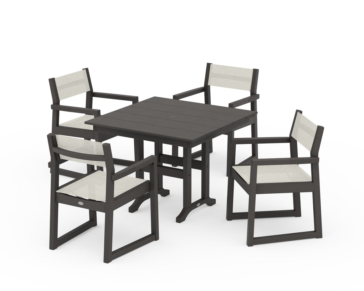 POLYWOOD EDGE Sling Arm Chair 5-Piece Farmhouse Dining Set in Vintage Coffee / Parchment