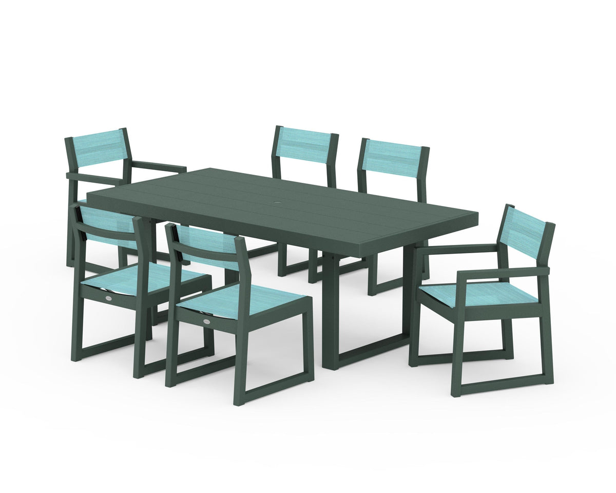 POLYWOOD EDGE Sling 7-Piece Dining Set in Green / Dupioni Aquamarine