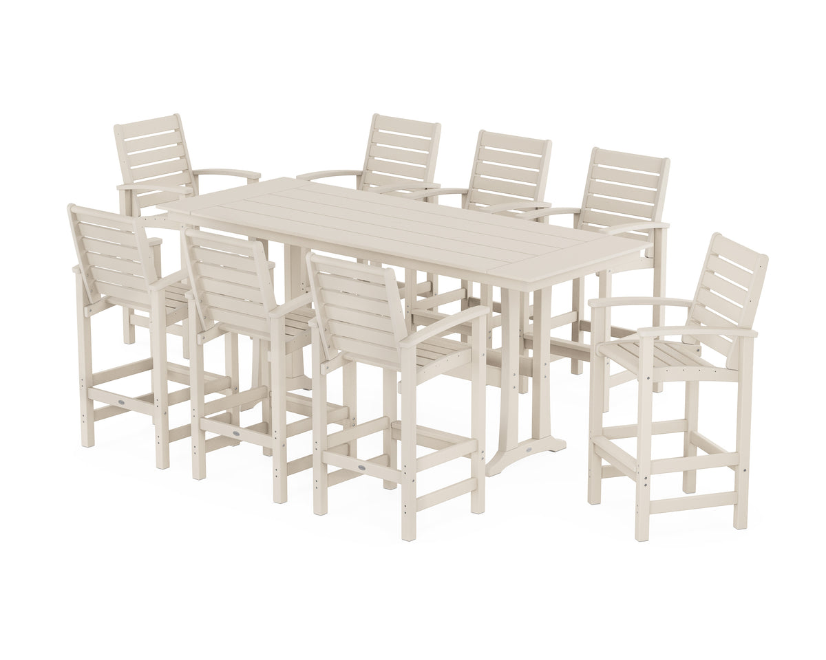 POLYWOOD Signature 9-Piece Farmhouse Bar Set with Trestle Legs in Sand
