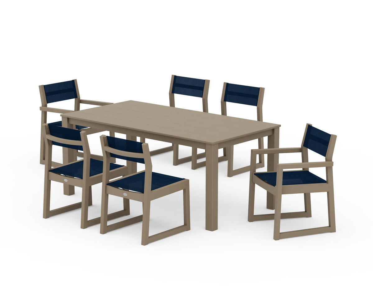 POLYWOOD EDGE Sling 7-Piece Parsons Dining Set in Vintage Sahara / Navy Blue
