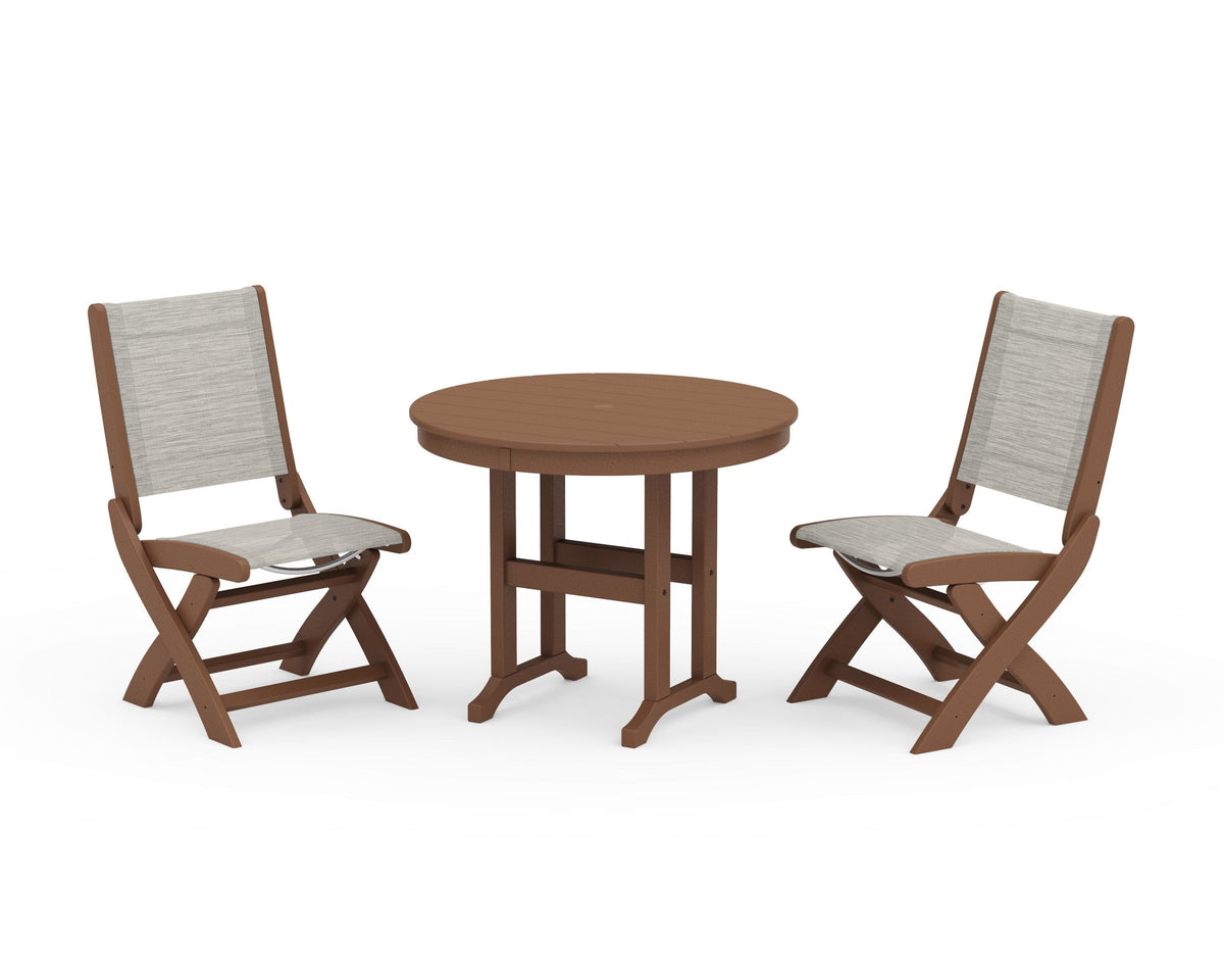 POLYWOOD Coastal Folding Side Chair 3-Piece Round Dining Set in Teak / Birch
