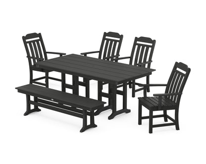 POLYWOOD Cottage 6-Piece Farmhouse Dining Set with Bench in Black