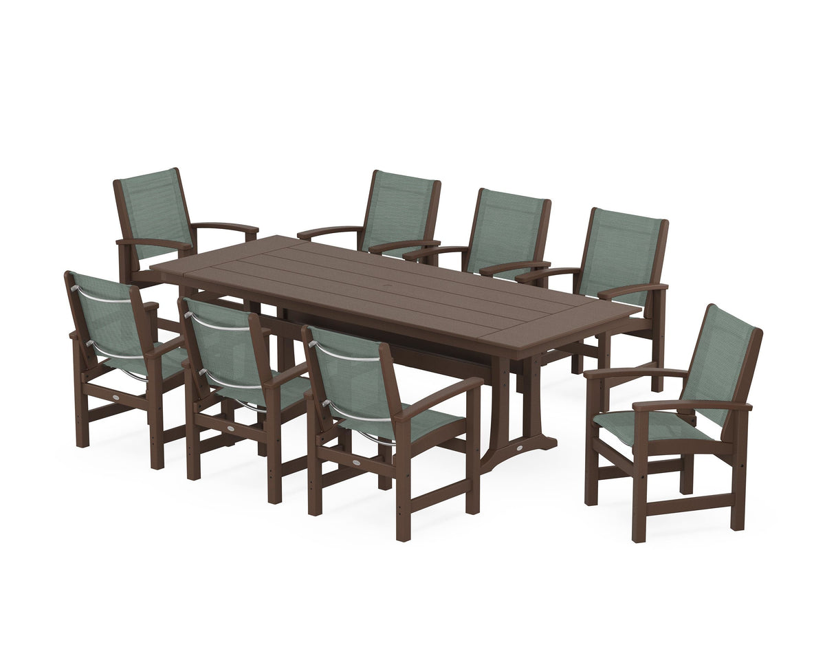 POLYWOOD Coastal 9-Piece Farmhouse Dining Set with Trestle Legs in Mahogany / Dupioni Sea Mist