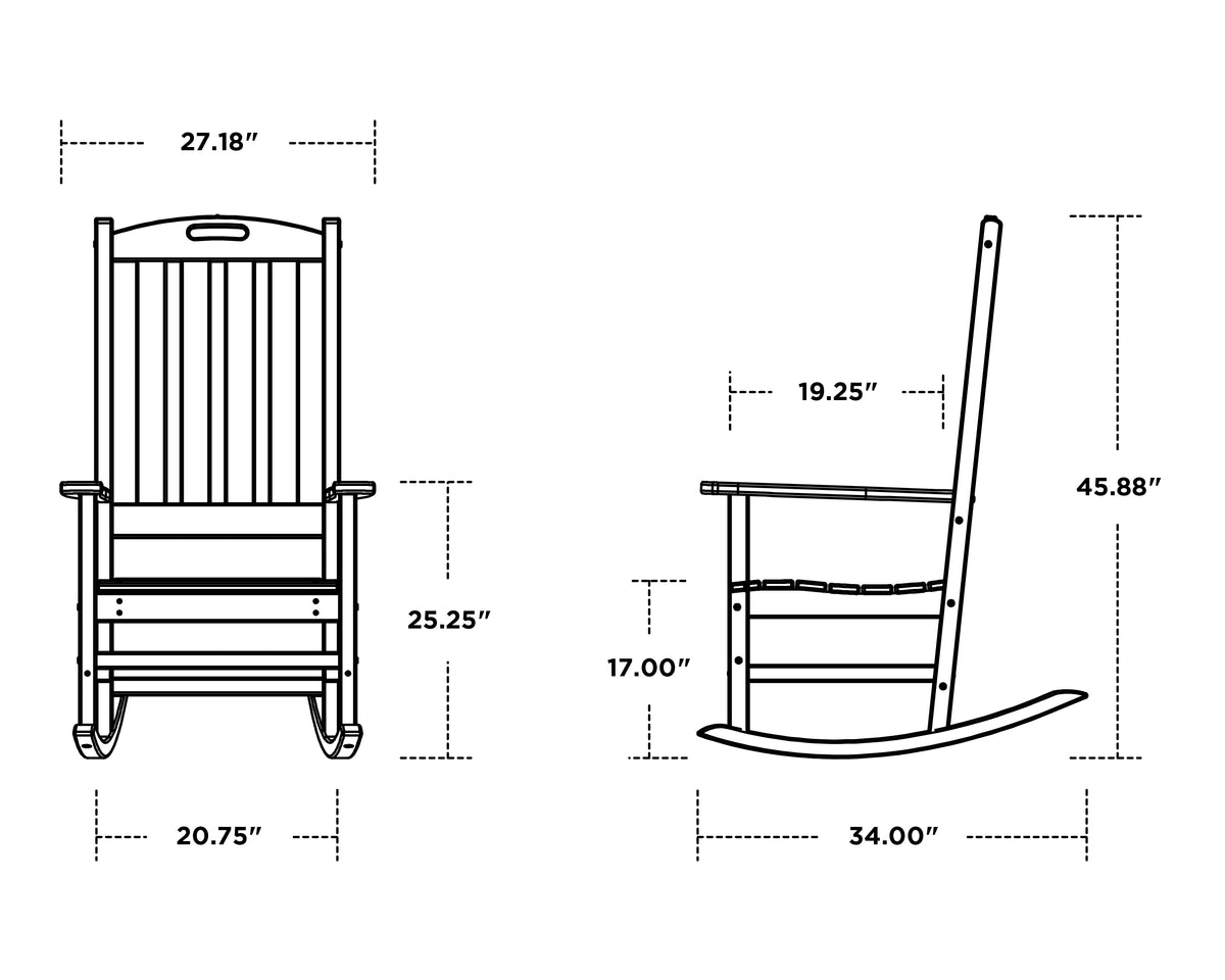 POLYWOOD Nautical Porch Rocking Chair dimension drawing with width, depth and height measurements
