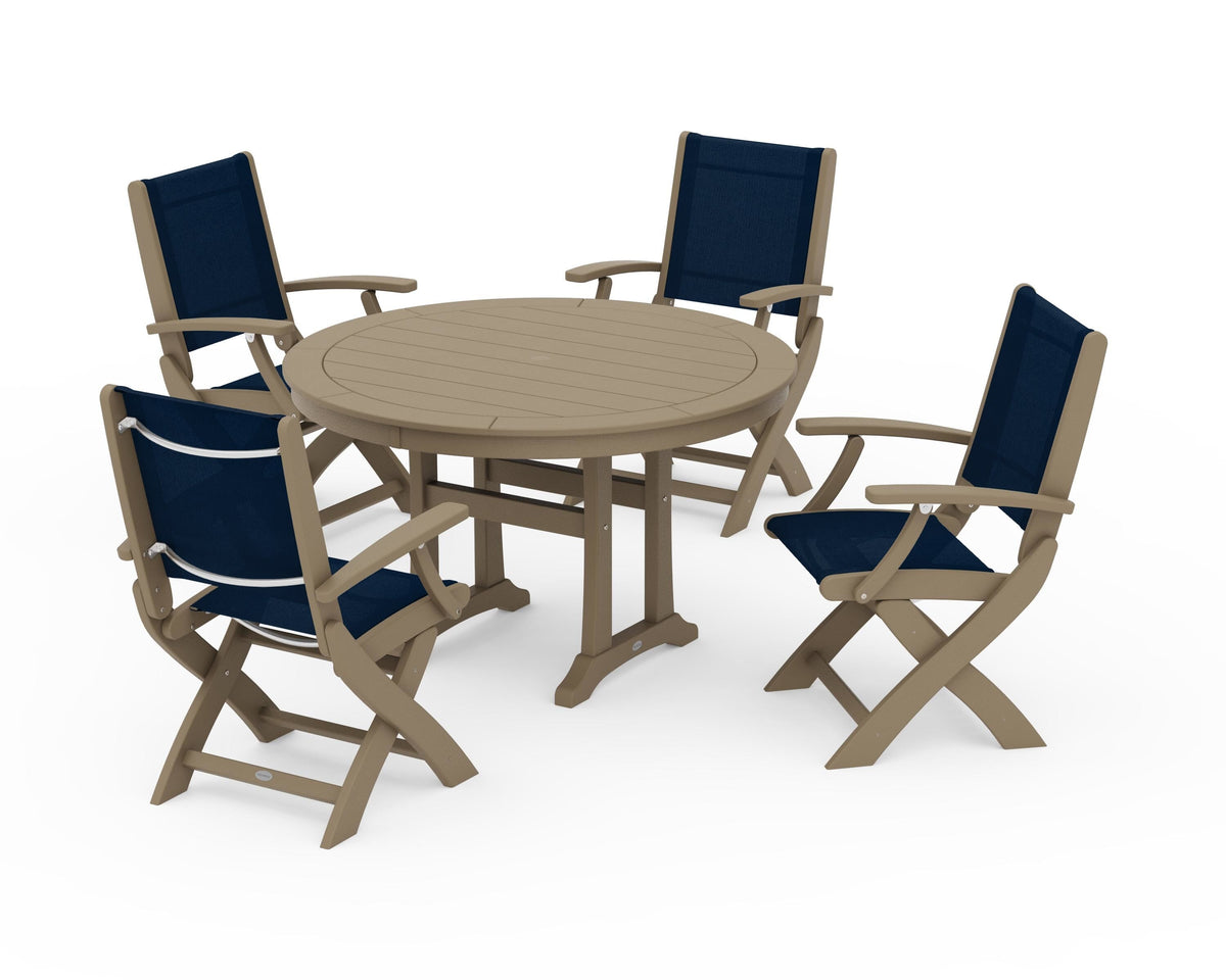 POLYWOOD Coastal Folding Chair 5-Piece Round Dining Set with Trestle Legs in Vintage Sahara / Navy Blue