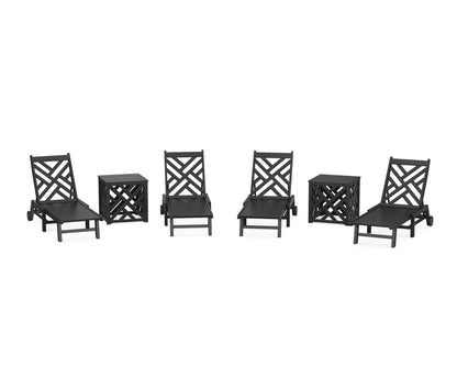 POLYWOOD Chippendale 6-Piece Chaise Set with Wheels and Umbrella Stand Accent Table in Black