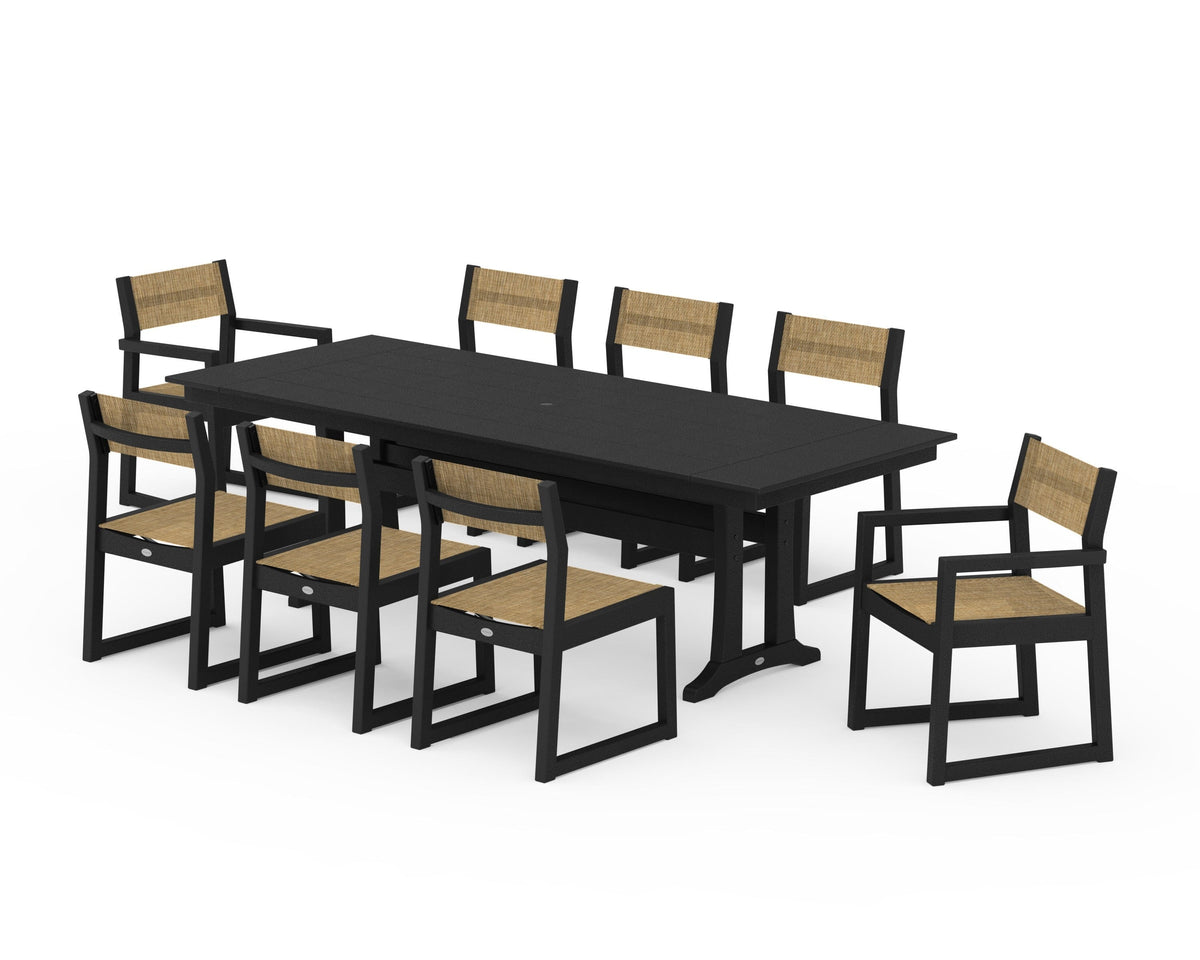 POLYWOOD EDGE Sling 9-Piece Farmhouse Trestle Dining Set in Black / Burlap