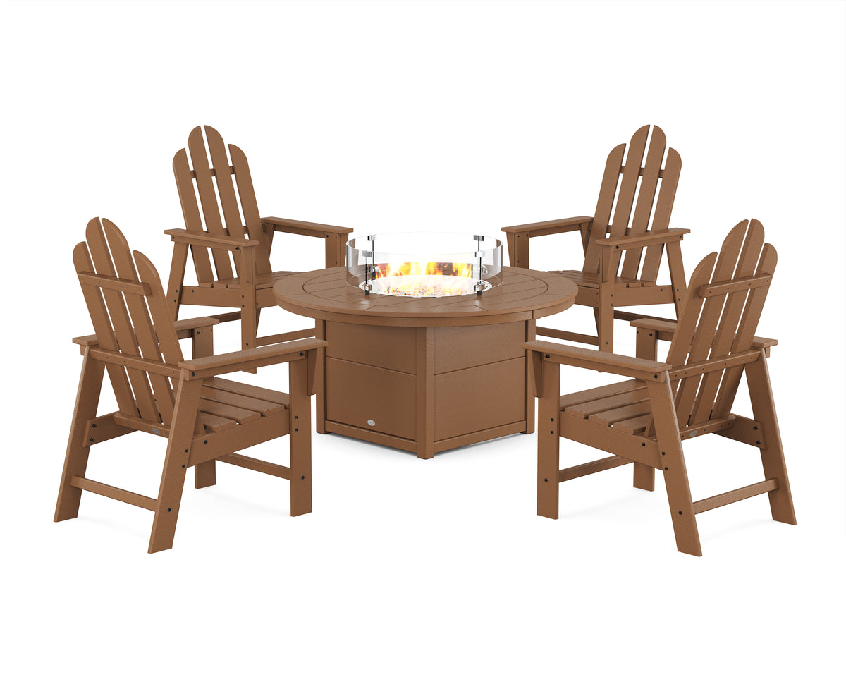 POLYWOOD Long Island 4-Piece Upright Adirondack Conversation Set with Fire Pit Table in Teak