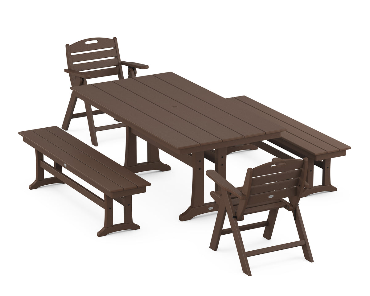 POLYWOOD Nautical Folding Lowback Chair 5-Piece Farmhouse Dining Set with Trestle Legs - 37" x 72" Table in Mahogany