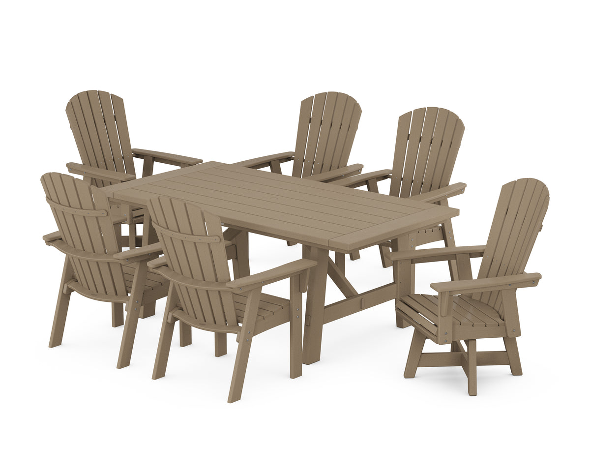 POLYWOOD Nautical Curveback Adirondack Swivel Chair 7-Piece Rustic Farmhouse Dining Set in Vintage Sahara