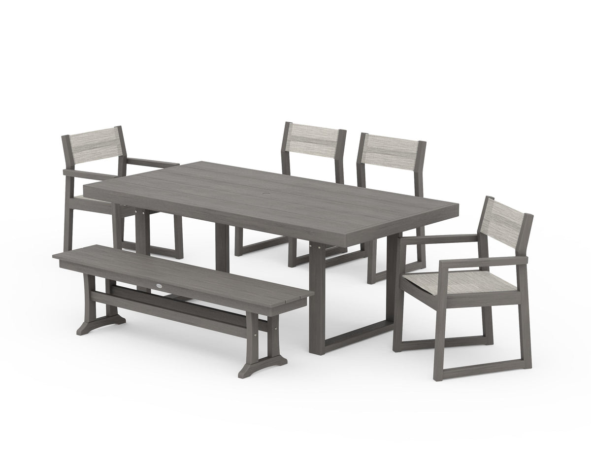 POLYWOOD EDGE Sling 6-Piece Dining Set with Bench in Driftwood / Birch