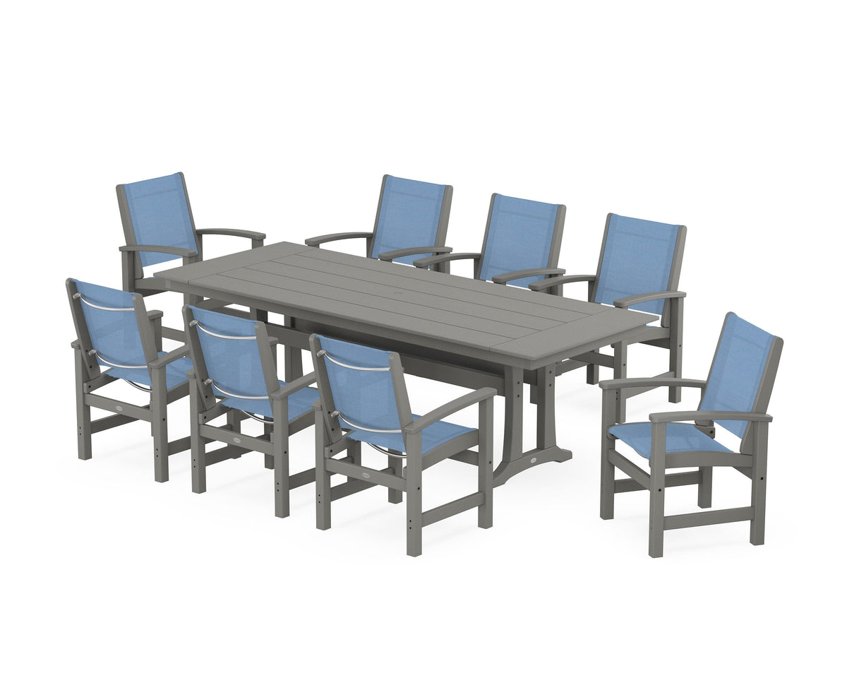 POLYWOOD Coastal 9-Piece Farmhouse Dining Set with Trestle Legs in Slate Grey / Poolside