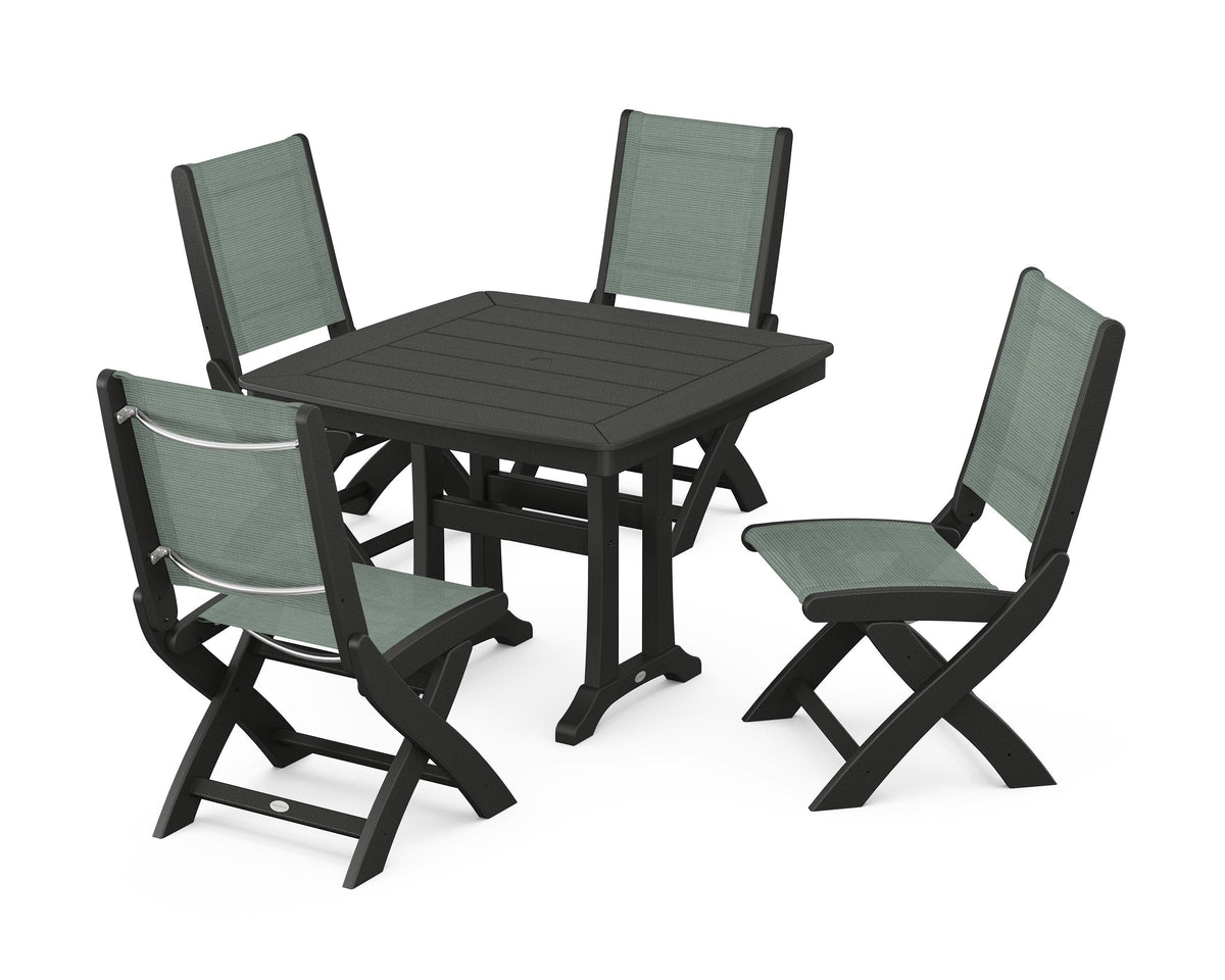POLYWOOD Coastal Folding Side Chair 5-Piece Dining Set with Trestle Legs in Black / Dupioni Sea Mist