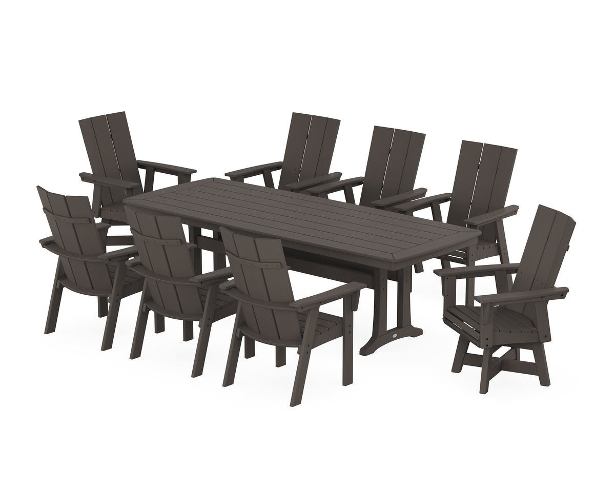 POLYWOOD Modern Curveback Adirondack Swivel 9-Piece Dining Set with Trestle Legs in Vintage Coffee