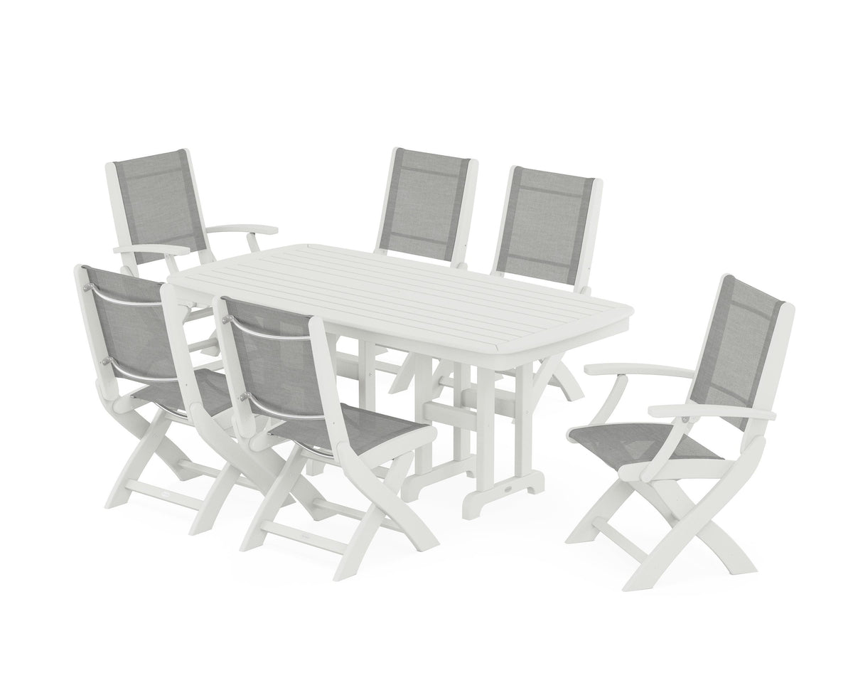 POLYWOOD Coastal Folding Chair 7-Piece Dining Set in Vintage White / Metallic