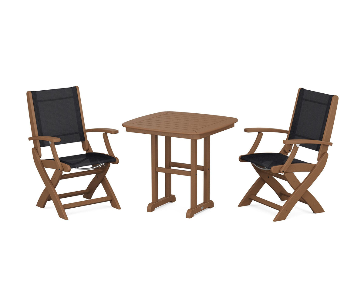 POLYWOOD Coastal Folding Chair 3-Piece Dining Set in Teak / Black