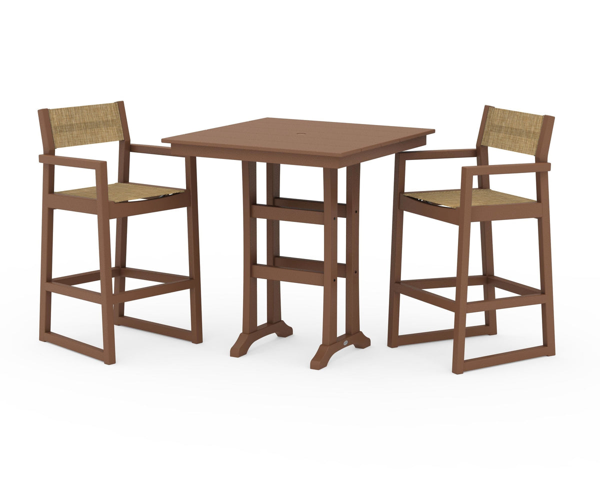 POLYWOOD EDGE Sling Arm Chair 3-Piece Farmhouse Bar Set with Trestle Legs in Teak / Burlap