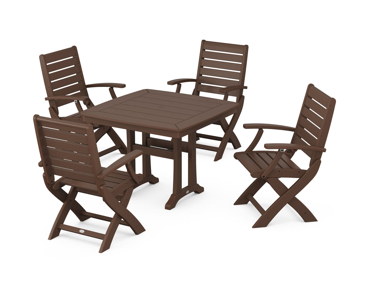 POLYWOOD Signature Folding Chair 5-Piece Dining Set with Trestle Legs - 37" Table in Mahogany