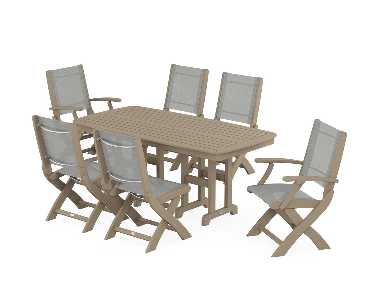POLYWOOD Coastal Folding Chair 7-Piece Dining Set in Vintage Sahara / Metallic