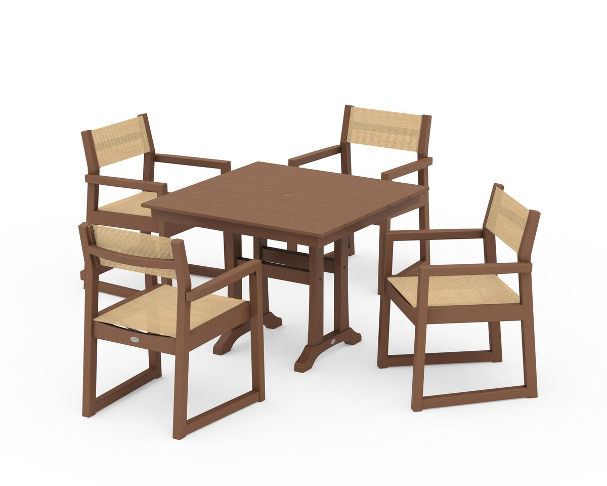 POLYWOOD EDGE Sling 5-Piece Farmhouse Dining Set with Trestle Legs in Teak / Dupioni Apricot