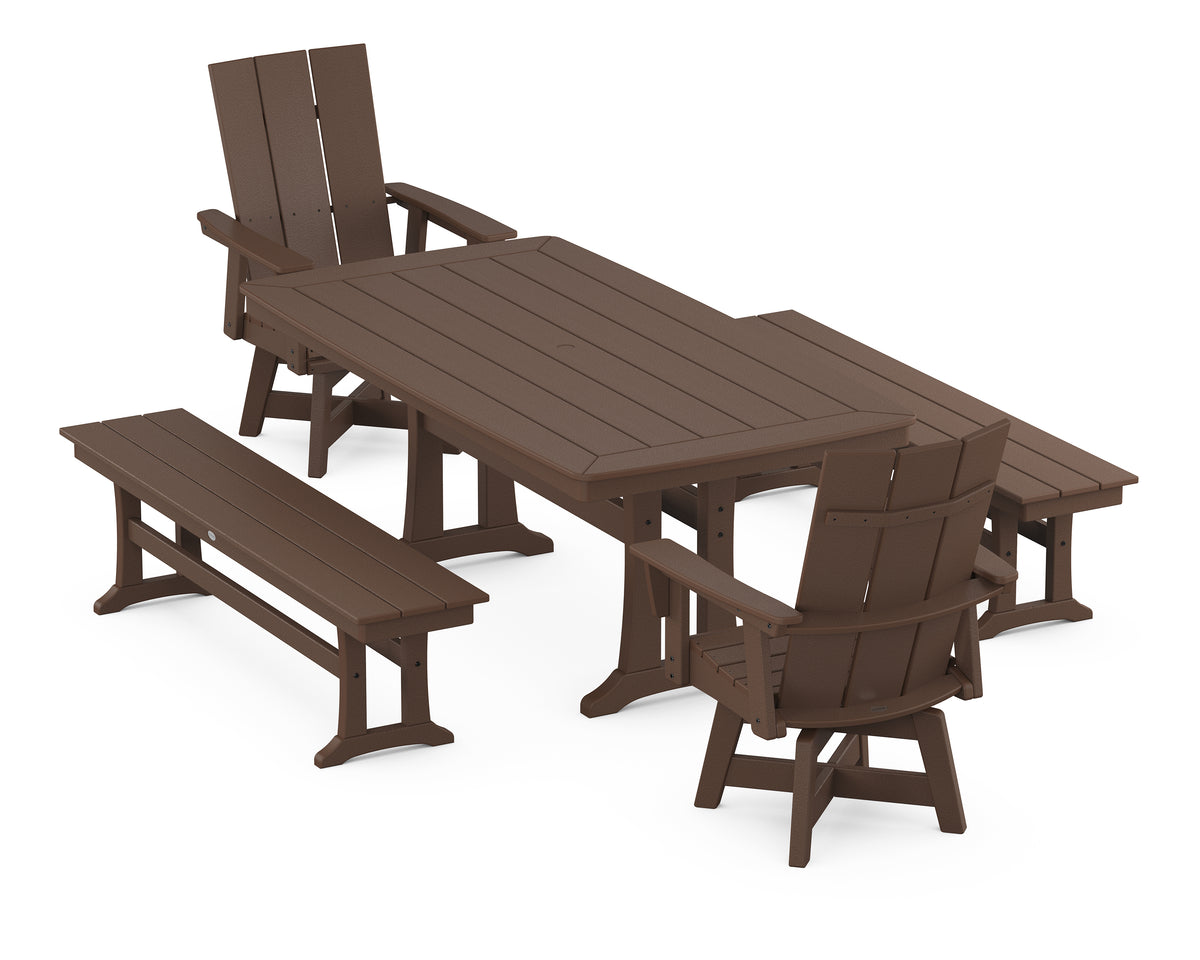 POLYWOOD Modern Curveback Adirondack Swivel Chair 5-Piece Dining Set with Trestle Legs and Benches in Mahogany