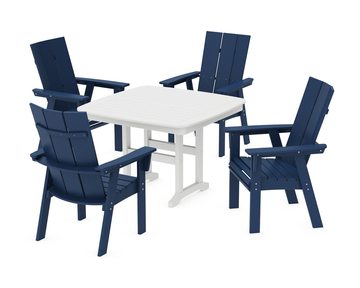 POLYWOOD Modern Curveback Adirondack 5-Piece Dining Set - 44" Table in Navy / White