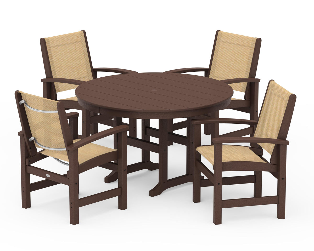 POLYWOOD Coastal 5-Piece Round Farmhouse Dining Set in Mahogany / Dupioni Apricot