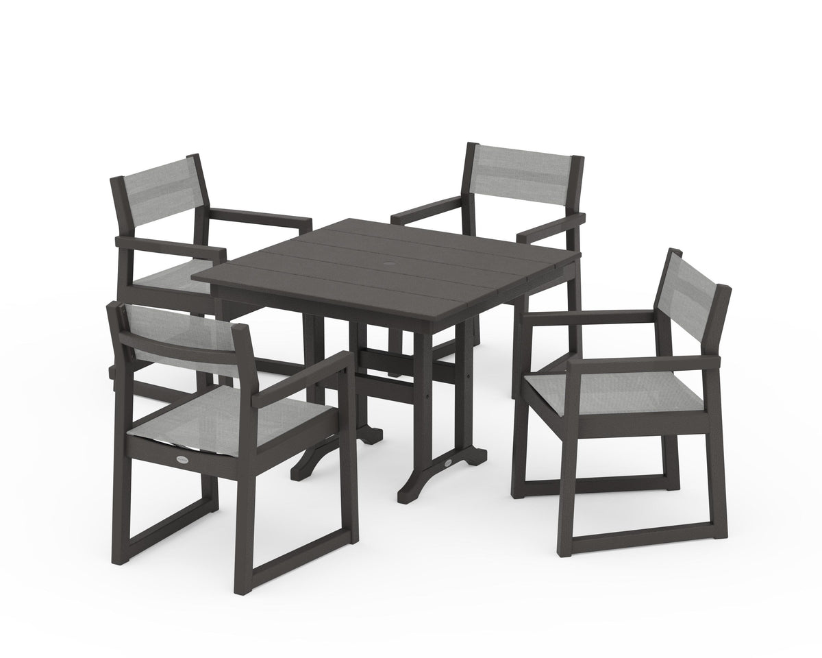POLYWOOD EDGE Sling Arm Chair 5-Piece Farmhouse Dining Set in Vintage Coffee / Metallic